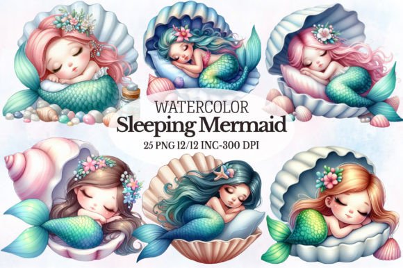 Download Watercolor Sleeping Mermaid Clipart Set - Mermaid clipart Collection